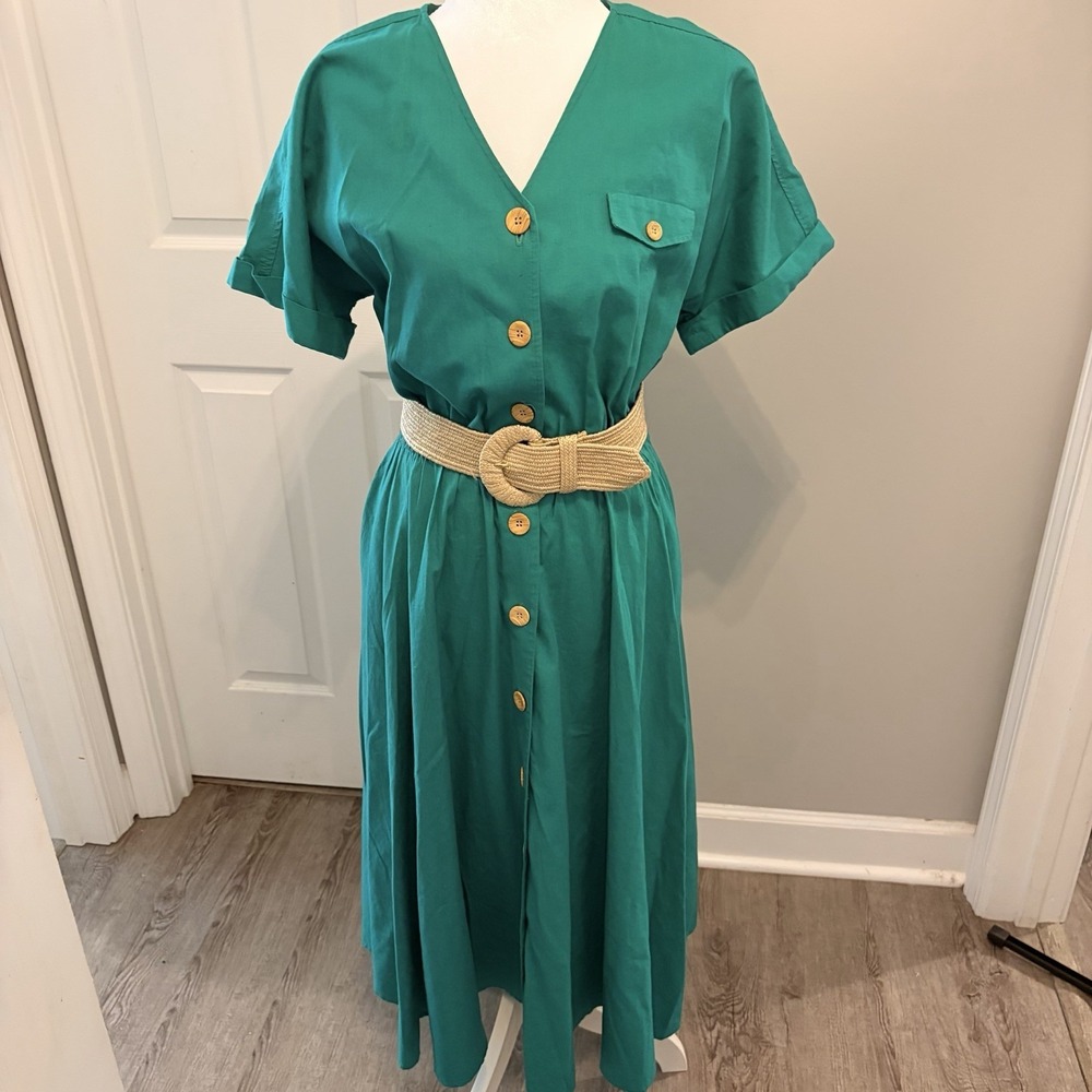 Vintage Karlie Collection Green Button Down Midi Dress Cottagecore Academia 80s